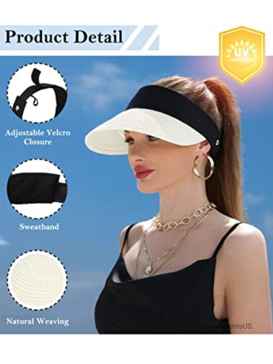 Women\'s Wide Brim Straw Visor Sun Hat UPF 50+ UV Protection Packable Beach Cap main image 7